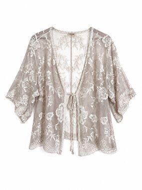 Dizzire Lace Kimono Cardigan Size Medium Boho Floral Sheer Cover Up